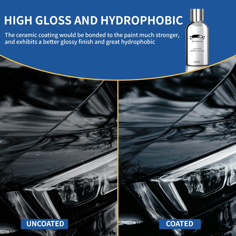 Autokcan Nano Ceramic Coating for Cars  10H High Gloss 50ML Anti-Scratch SiO2 Ceramic Coating Super Hydrophobic Mirror Paint Sealant Protection with Gloves - Image 4